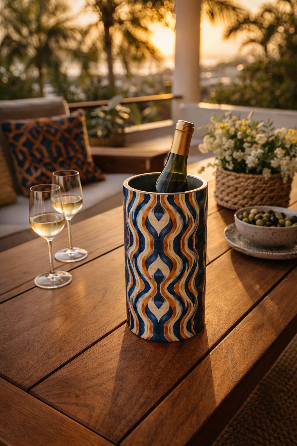 Rafraîchisseur de vin Mbeya en acier inoxydable posé sur une table en bois dans un salon de jardin à Libreville, scène d’apéritif en fin de journée avec verres de vin et éléments décoratifs, ambiance afro-luxe élégante.
