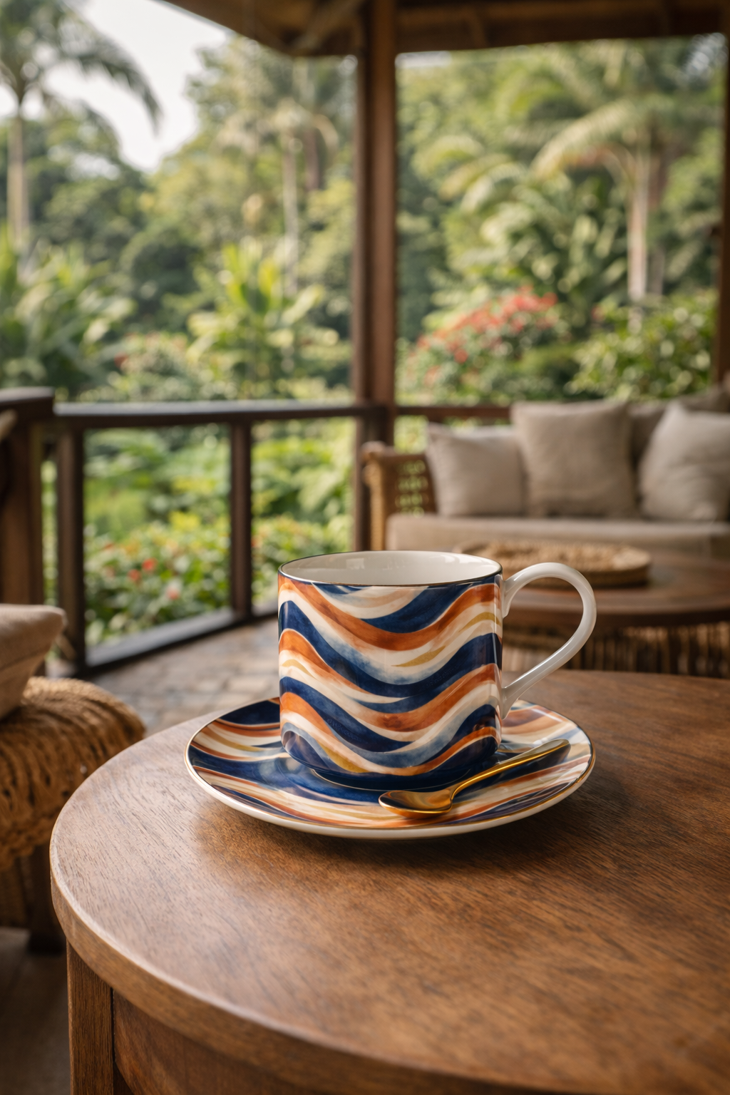 Tasse et sous-tasse design Mbeyla aux motifs ondulations solaires bleu, terracotta et sable, disposées sur une table basse en bois dans une véranda ouverte sur un jardin tropical au Gabon, mise en scène afro-luxe évoquant un rituel de dégustation élégant et apaisant.