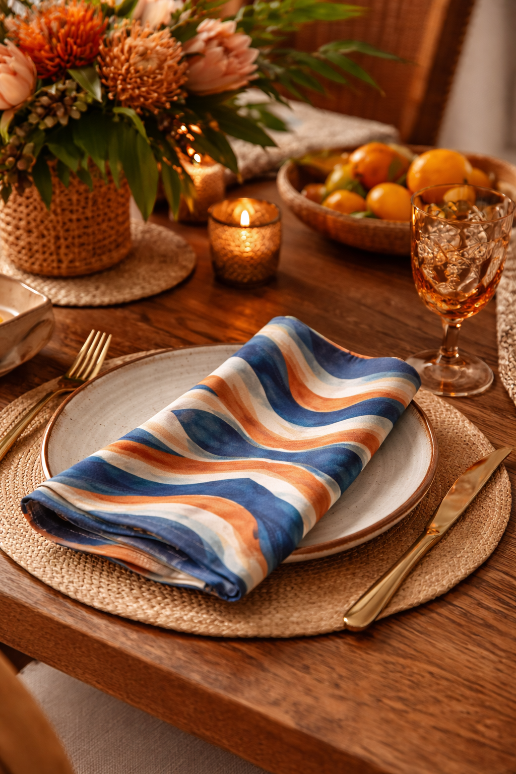 Personne élégante s’essuyant délicatement la bouche avec une serviette de table Mbyela aux motifs ondulatoires bleu et terracotta, scène raffinée d’art de la table contemporain, atmosphère chic et mode, mettant en valeur le textile comme objet de style et de rituel.