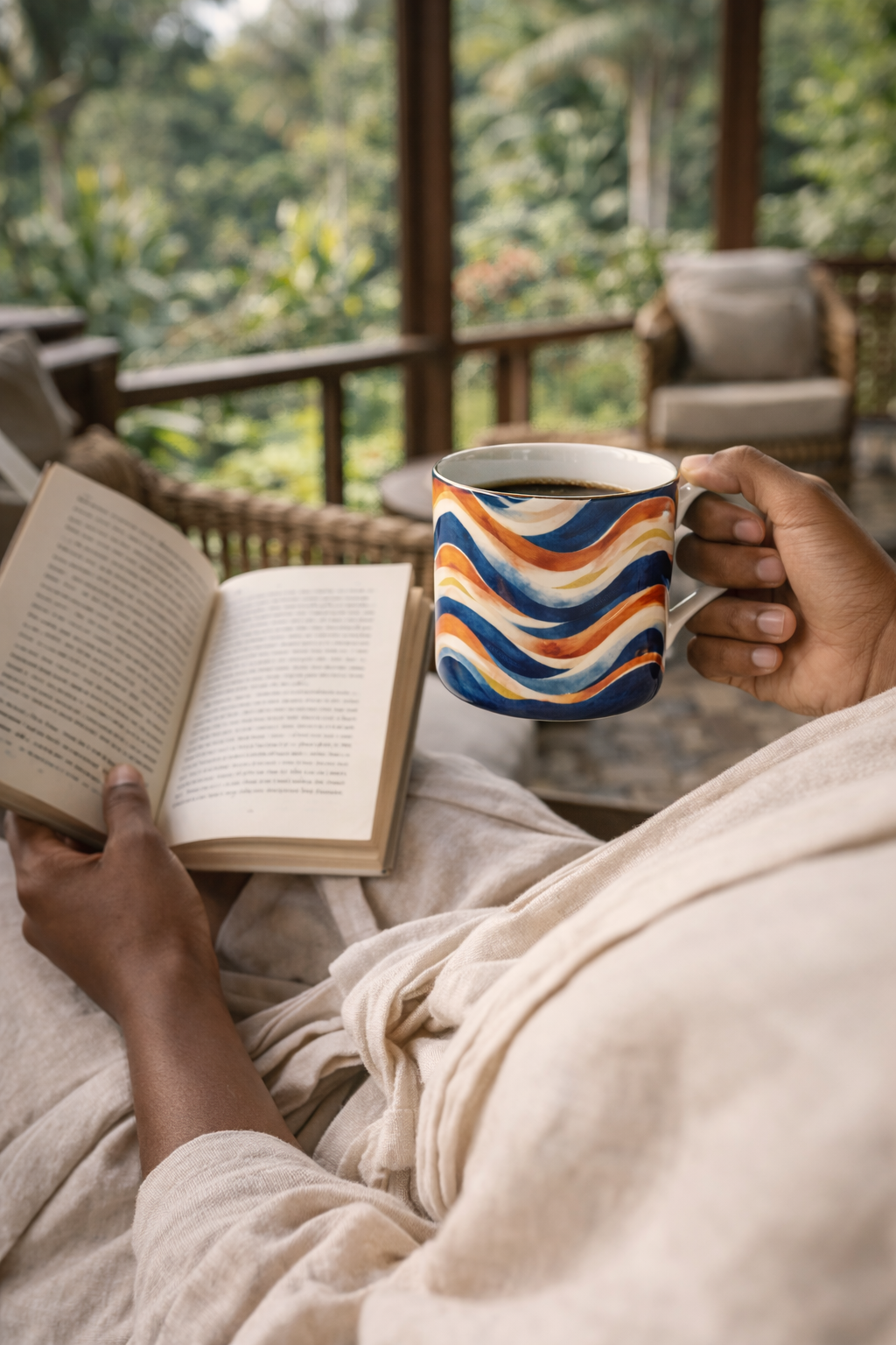 Personne savourant un café dans une tasse design Mbeyla aux motifs ondulations solaires, assise paisiblement sur la terrasse de sa maison, un livre ouvert entre les mains, dans un cadre naturel verdoyant évoquant le calme, le luxe du quotidien et l’art de vivre afro-luxe.