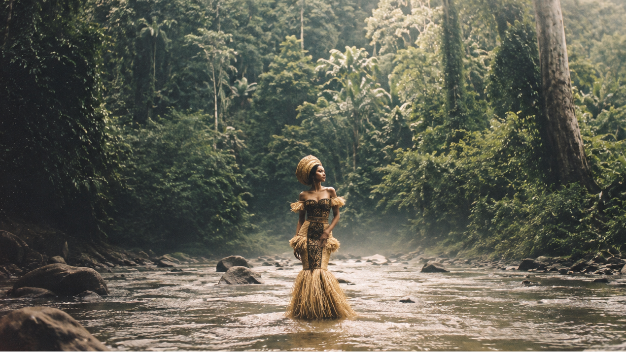 Mannequin portant une robe couture artistique en raphia inspirée des héritages africains, photographiée au milieu d’une rivière dans une forêt tropicale luxuriante. Création Élisabeth Akaïa Kaï mêlant art contemporain, nature et afro-luxe.
