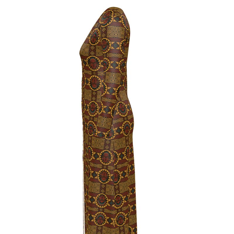 Profil droit de la robe longue Kaya Lumina, tissu jersey extensible, imprimé africain doré et marron, col V plongeant.