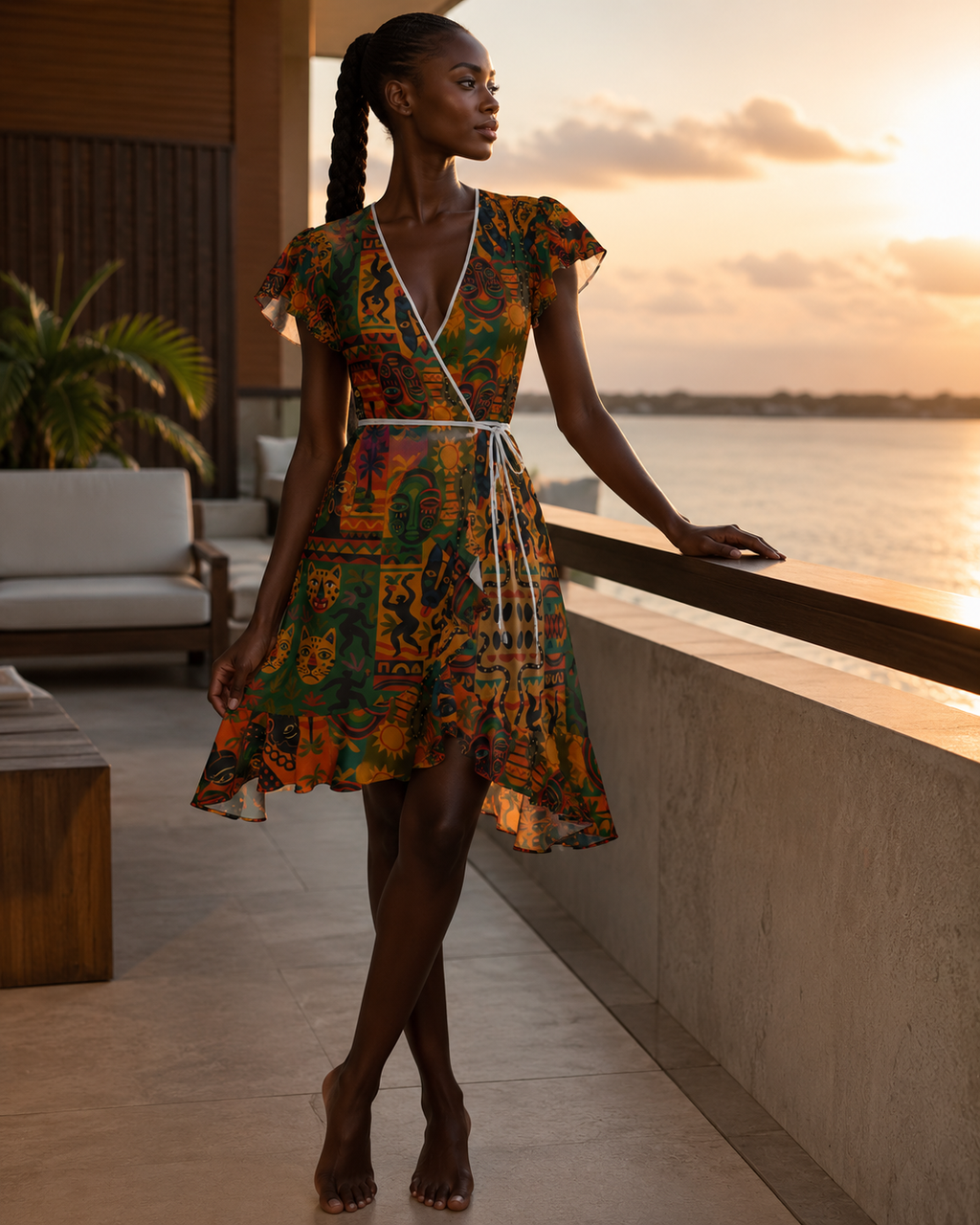 Photographie éditoriale de la Robe à Volants Nzinga sur une terrasse face à l’estuaire. Une création afro-luxe fluide et lumineuse, pensée comme une œuvre à porter en édition limitée.