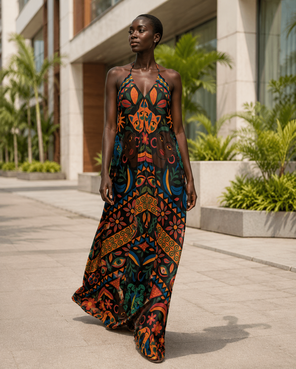 Silhouette élégante portant la Robe dos nu Okouméa dans un décor urbain contemporain inspiré de Libreville et du luxe gabonais.