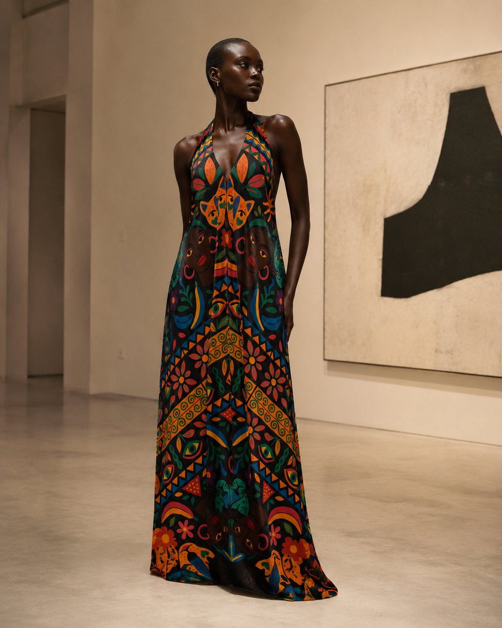 La Robe dos nu Okouméa présentée comme une œuvre textile dans une galerie minimaliste, entre art contemporain et mode de luxe.