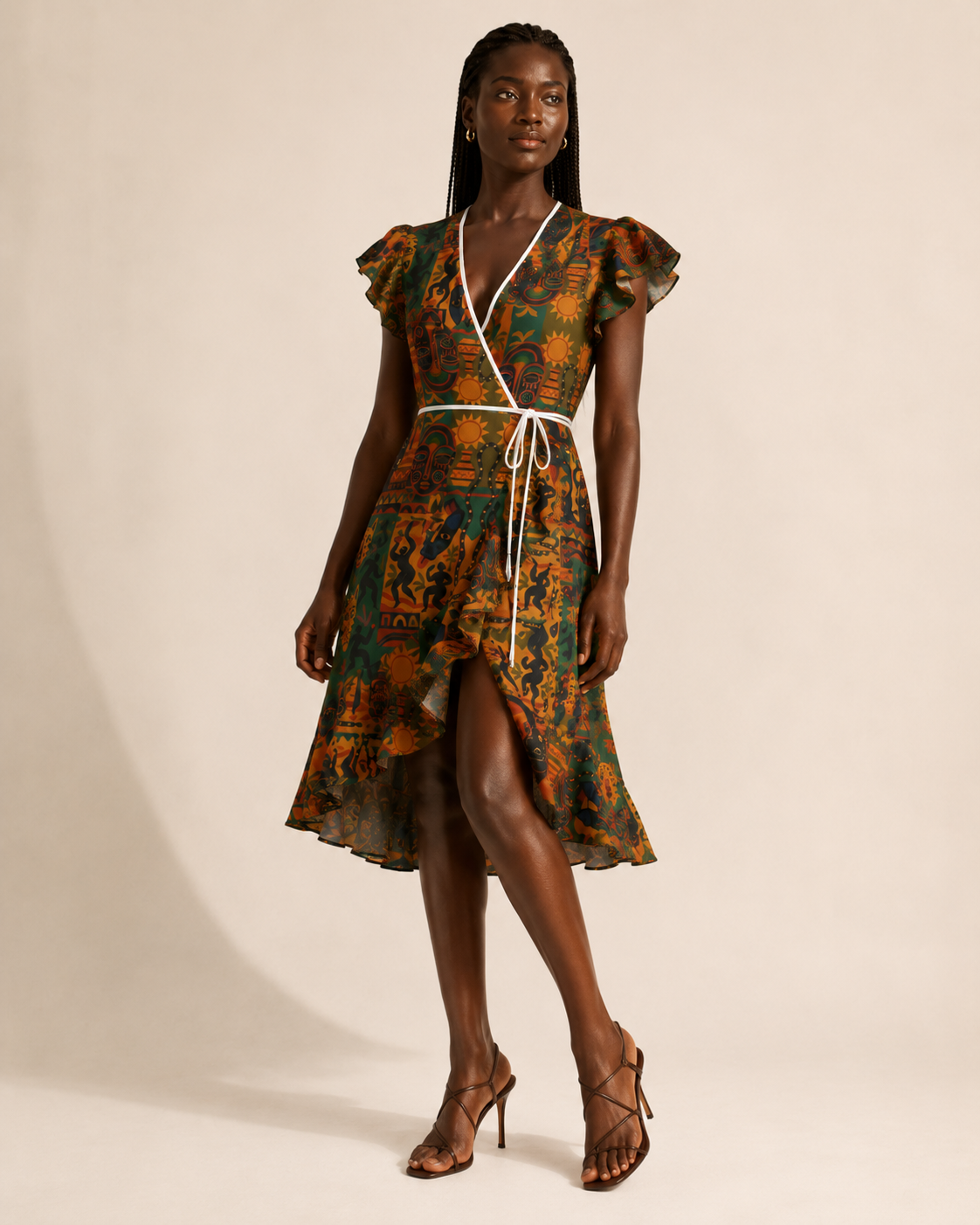 Vue trois-quarts de la Robe Nzinga mettant en valeur sa coupe portefeuille, son décolleté profond, sa ceinture blanche et sa jupe fluide asymétrique. Une création afro-luxe disponible en édition limitée.
