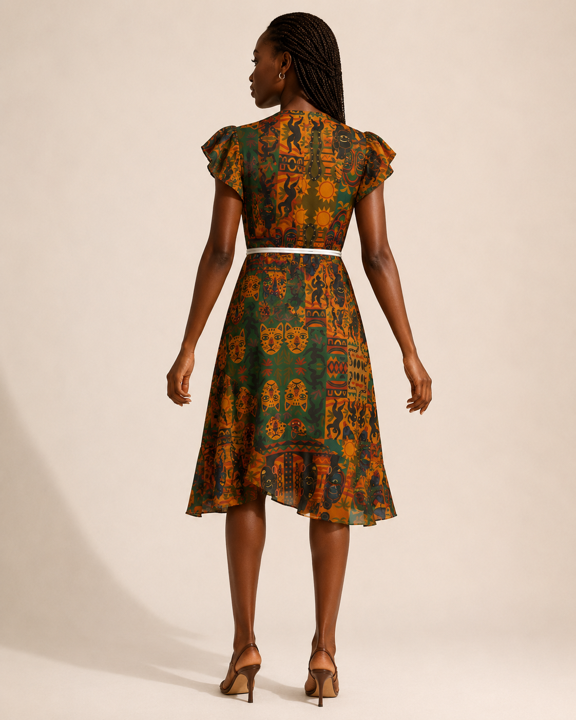 Vue arrière de la Robe Nzinga portée par une mannequin à la peau ébène. Le dos fermé, les manches volantées et le tombé fluide mettent en lumière la construction élégante de cette création en édition limitée.