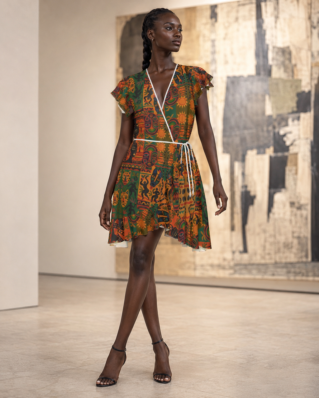 La Robe à Volants Nzinga portée dans une galerie d’art contemporaine. Son décolleté en V, ses manches volantées et son imprimé exclusif incarnent une mode féminine artistique, élégante et fabriquée à la demande.