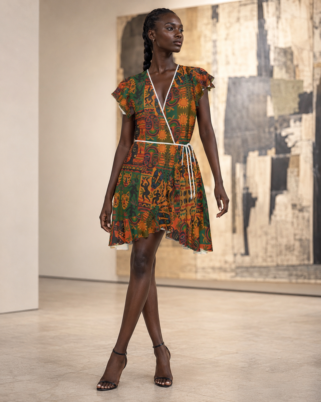 La Robe à Volants Nzinga portée dans une galerie d’art contemporaine. Son décolleté en V, ses manches volantées et son imprimé exclusif incarnent une mode féminine artistique, élégante et fabriquée à la demande.