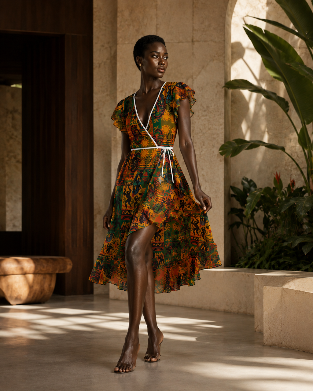 La Robe Nzinga portée dans une maison d’art contemporaine à Libreville. Sa coupe portefeuille, sa taille soulignée et son imprimé artistique révèlent une silhouette élégante inspirée du luxe gabonais.