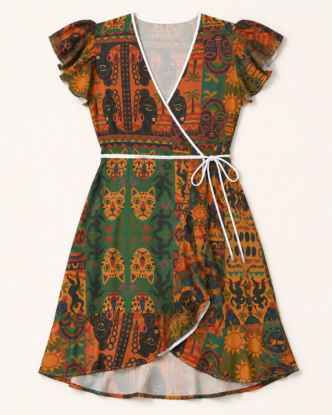 Vue avant à plat de la Robe à Volants Nzinga. Cette photographie produit présente sa coupe portefeuille, son décolleté bordé de blanc, sa ceinture fine et sa jupe asymétrique à imprimé exclusif.