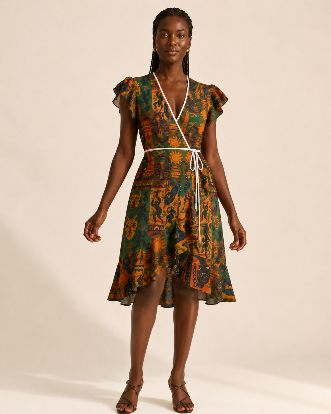Vue de face de la Robe à Volants Nzinga portée par une mannequin à la peau ébène. Une robe portefeuille féminine avec décolleté en V, passepoil blanc, manches volantées et imprimé multicolore exclusif.