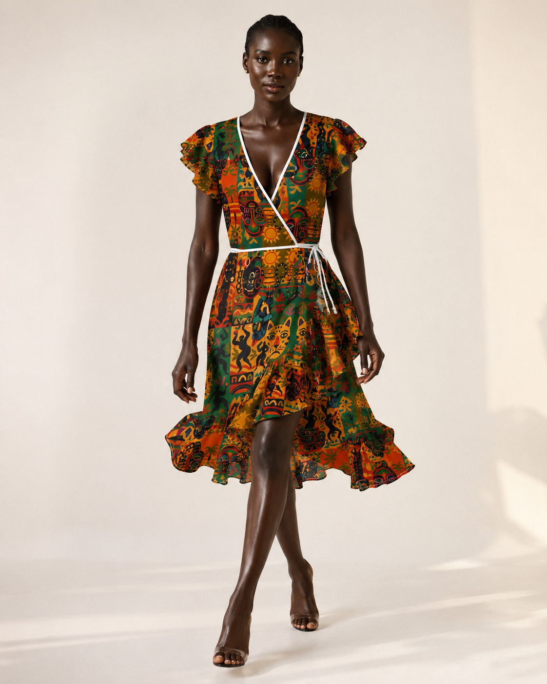La Robe Nzinga photographiée en mouvement afin de révéler la légèreté de ses volants et la fluidité de sa coupe portefeuille. Une robe artistique féminine conçue pour accompagner chaque geste avec élégance.