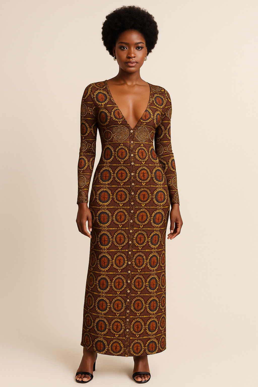 Vue de face de la robe longue boutonnée Kaya Lumina, coupe ajustée, col V plongeant, imprimé africain doré et marron, portée par une mannequin afro en studio.