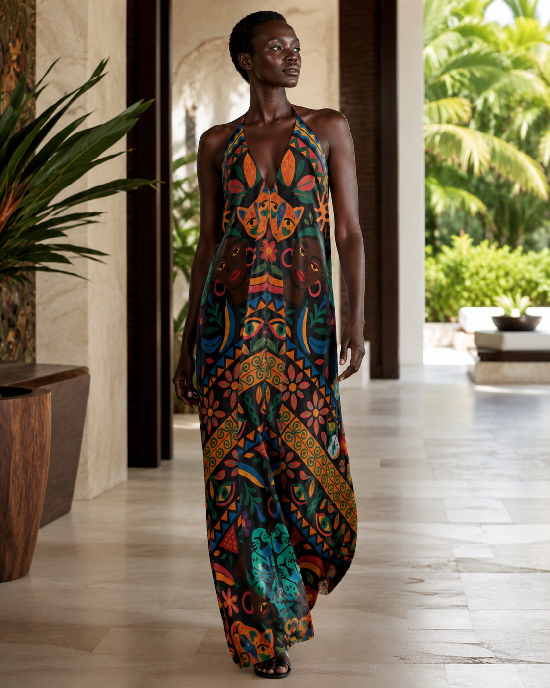 Mannequin marchant dans un hôtel tropical vêtue de la Robe Okouméa, une robe longue et fluide à l’imprimé artistique exclusif.