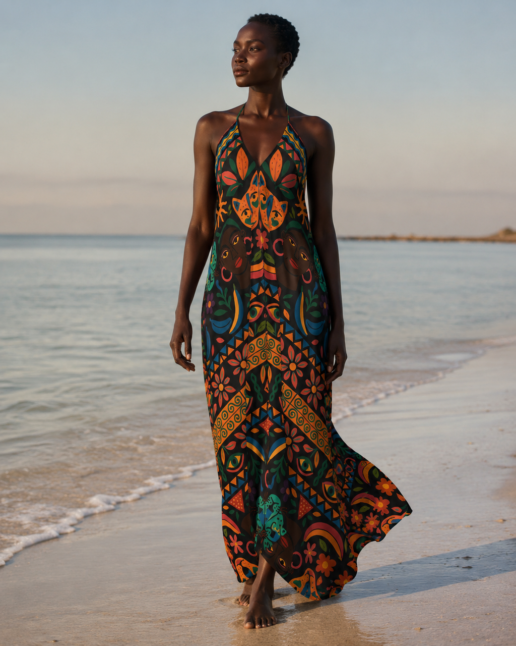 Mannequin à la peau ébène portant la Robe dos nu Okouméa au bord de l’océan, une création longue et fluide au motif artistique gabonais.