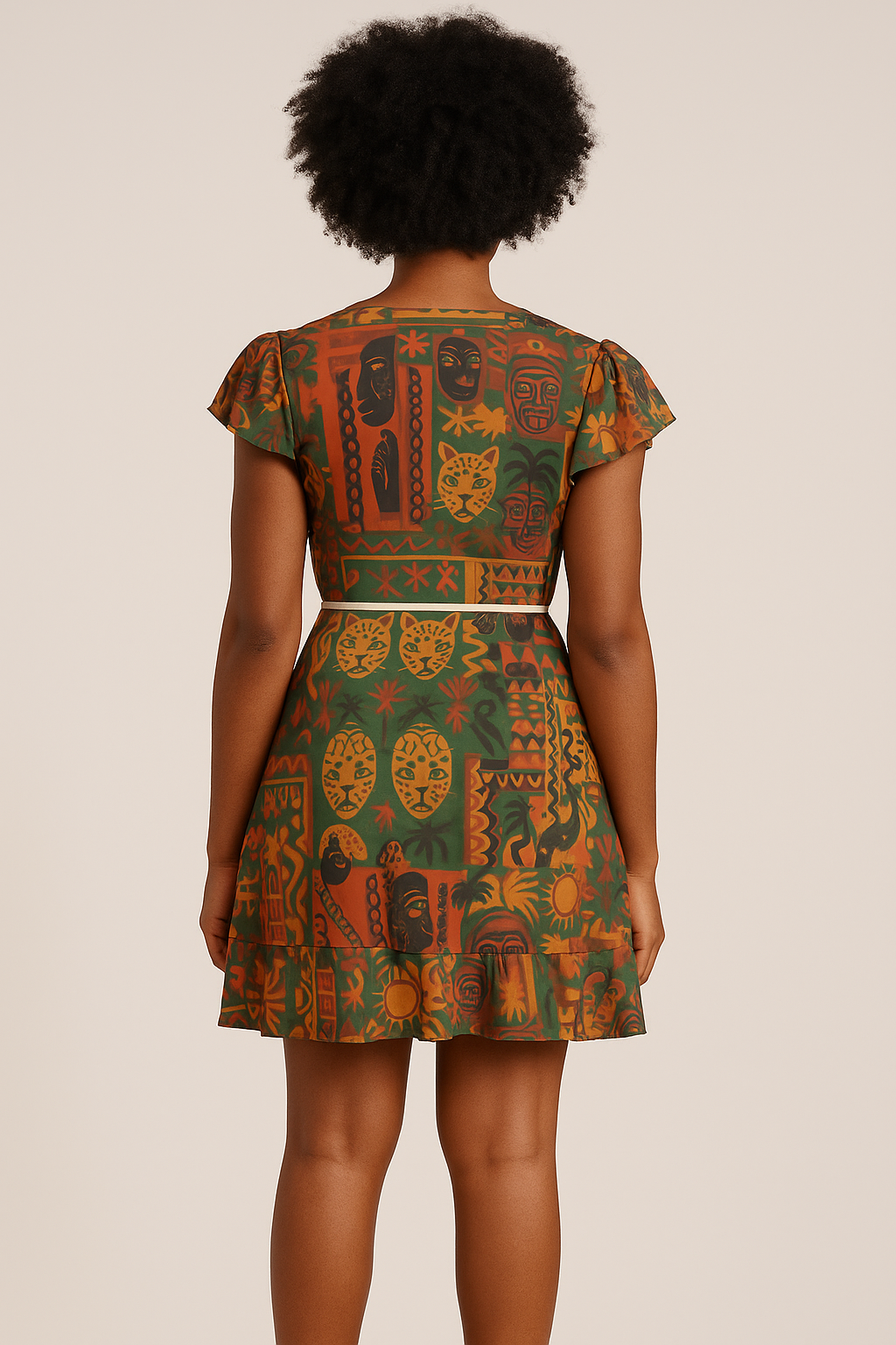 robe à volants Afro Luxe avec dessins exclusifs, mélange de vert, orange et doré, coupe flatteuse pour femme.