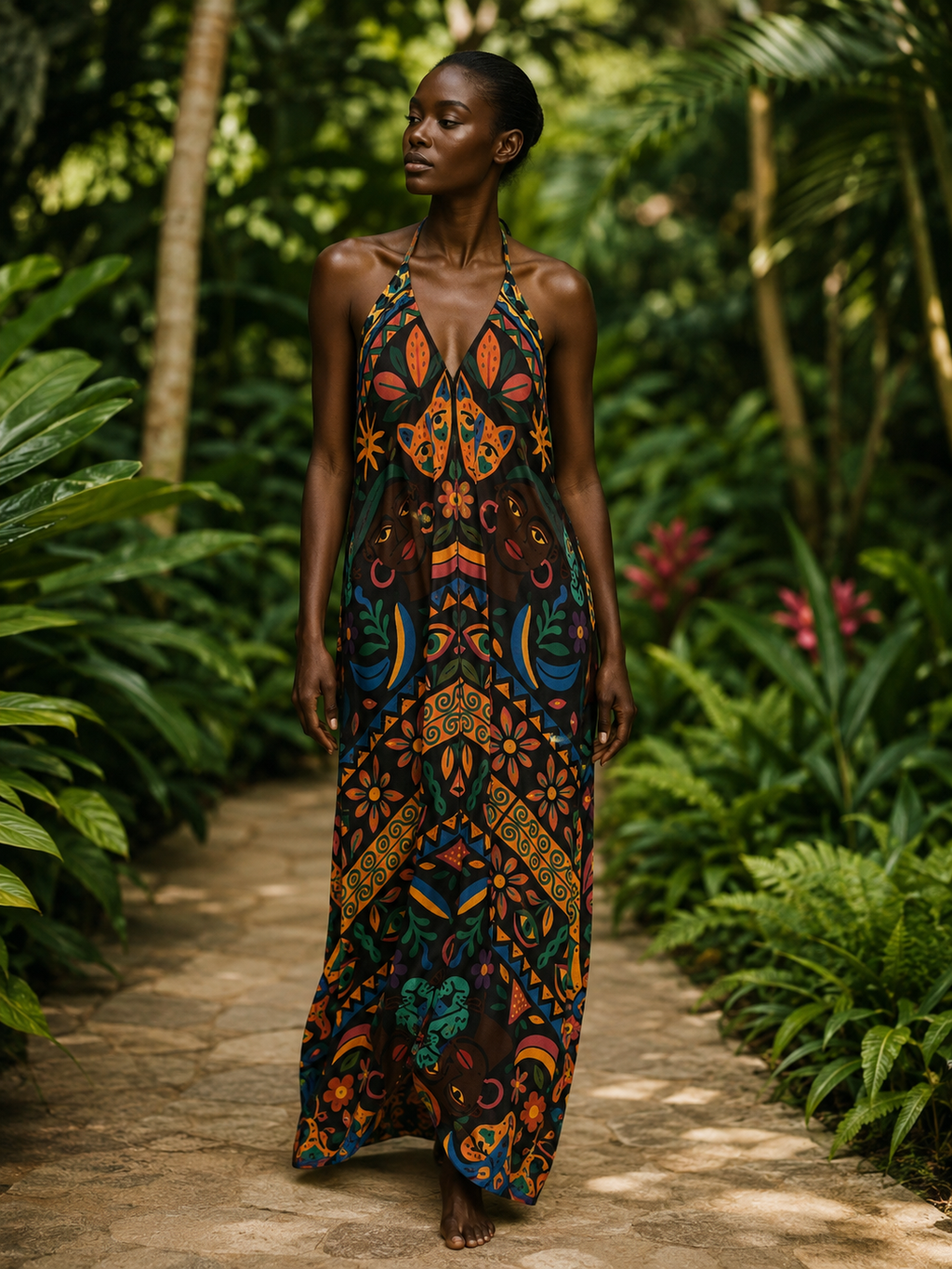 Mannequin à la peau ébène portant la Robe Okouméa au cœur d’une végétation luxuriante, dans une atmosphère naturelle et raffinée.