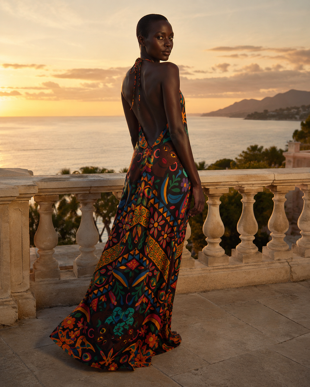Vue de dos de la Robe Okouméa sur une terrasse au coucher du soleil, révélant son décolleté profond et son imprimé multicolore.