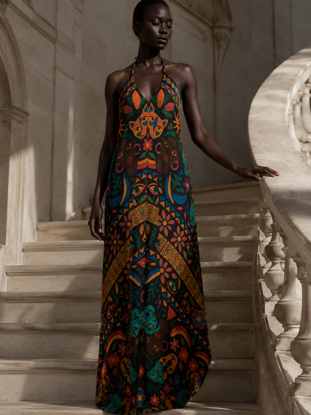 La Robe Okouméa accompagne une silhouette majestueuse sur un escalier ivoire, entre architecture raffinée et création textile africaine.La Robe Okouméa accompagne une silhouette majestueuse sur un escalier ivoire, entre architecture raffinée et création textile africaine.