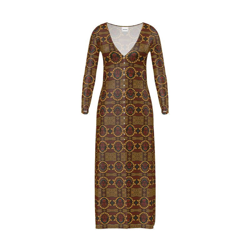 Robe longue boutonnée Kaya Lumina, manches longues, col V, imprimé artistique afro inspiré des symboles solaires, création Élisabeth Akaïa Kaï.