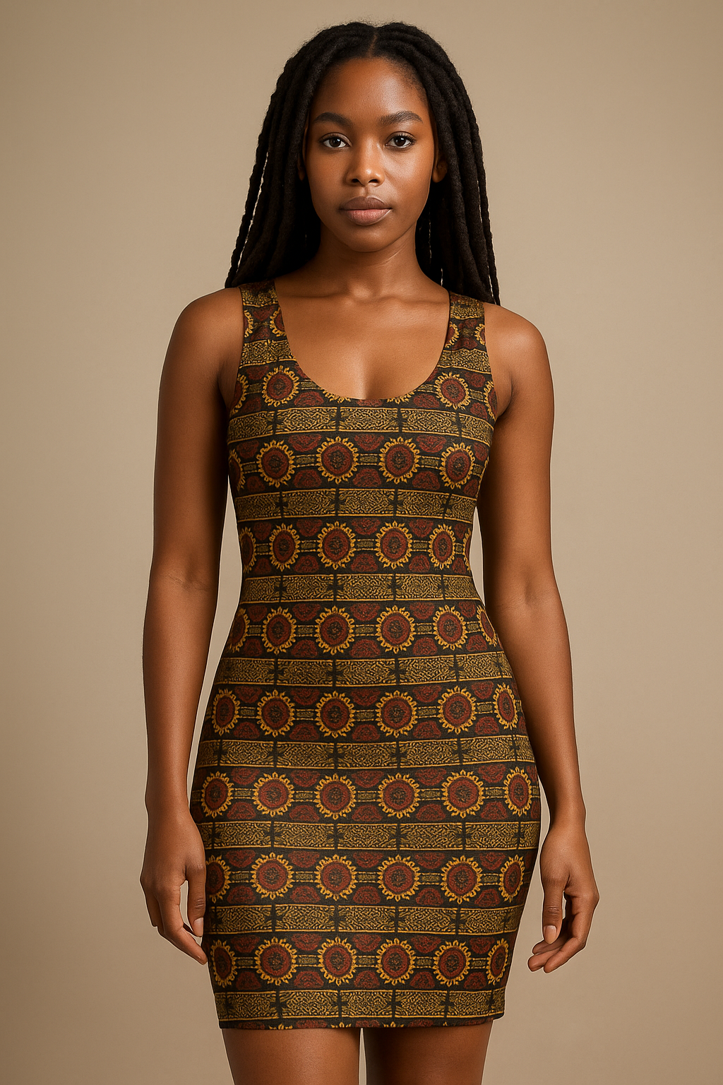 Jeune femme afro portant la robe moulante Kaya Lumina, imprimé africain luxe aux tons chauds, photographie de mode en studio sur fond neutre, création Élisabeth Akaïa Kaï.