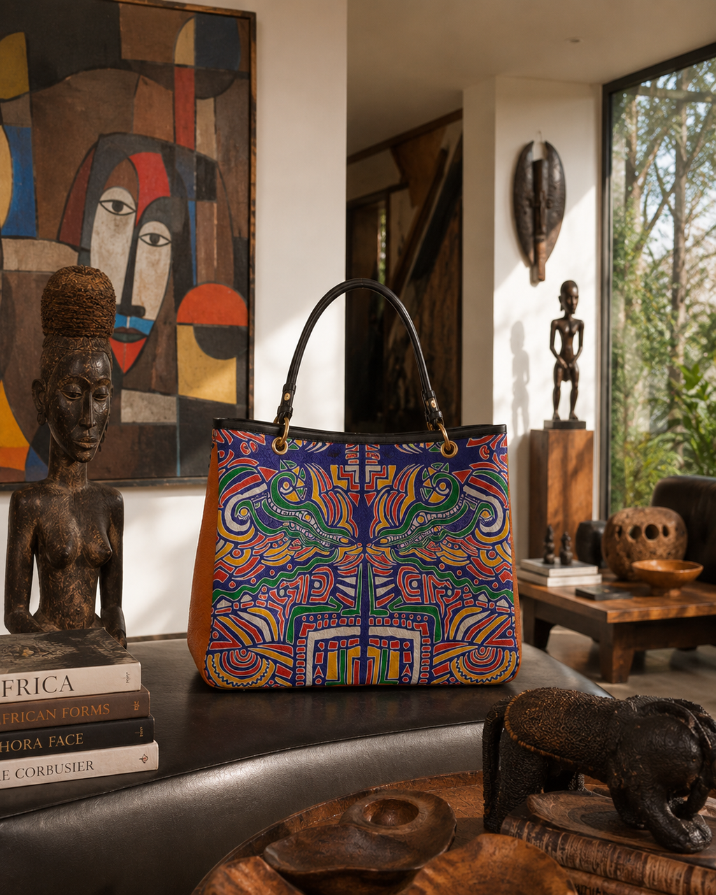 Inspiré par le dialogue entre mode et création artistique, ce sac cabas ÉLISABETH AKAIA KAÏ célèbre l'esthétique africaine contemporaine. Son design exclusif transforme un accessoire du quotidien en véritable œuvre d'art à porter.
