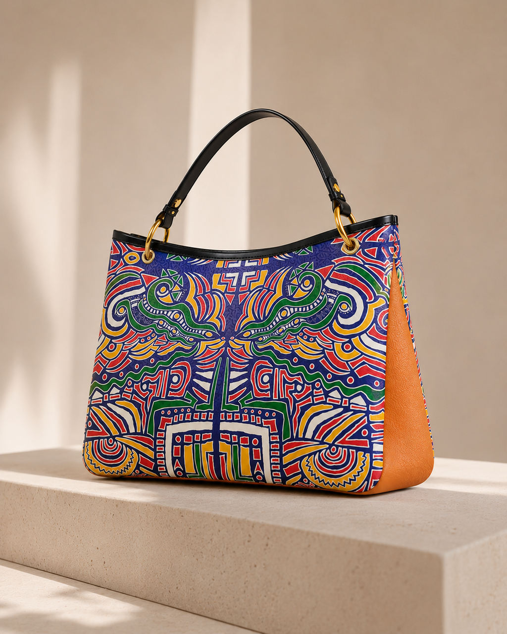 Vue emblématique du sac cabas ÉLISABETH AKAIA KAÏ. Son volume généreux, ses lignes équilibrées et son motif artistique exclusif en font une pièce forte du vestiaire féminin contemporain. Luxe, culture et fonctionnalité réunis dans un même objet.