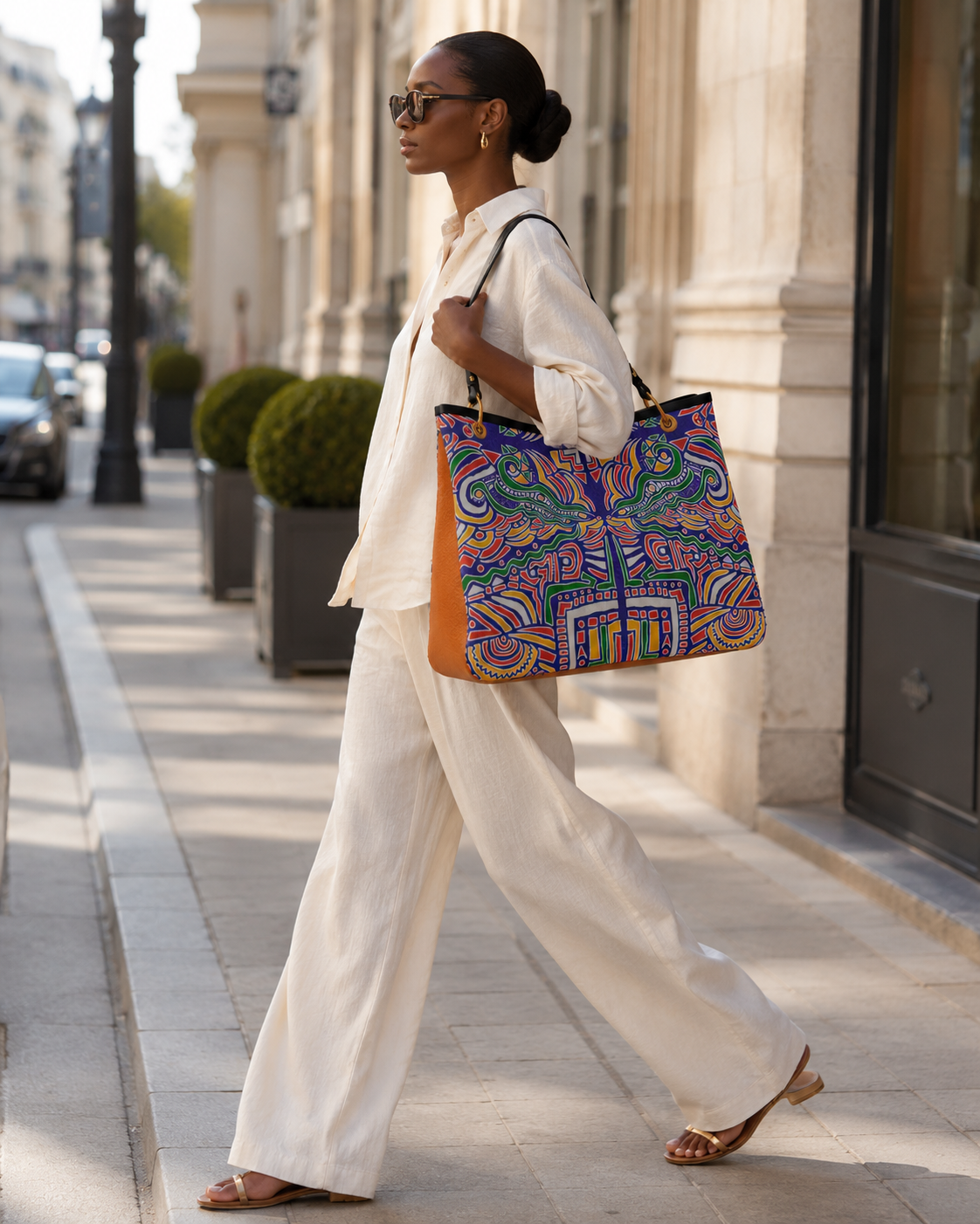 Avec ses dimensions généreuses de 42 × 31 × 21 cm, ce sac cabas de luxe accompagne les journées actives avec raffinement. Son imprimé artistique exclusif et sa conception haut de gamme en font un accessoire idéal pour le bureau, les déplacements ou les escapades urbaines.