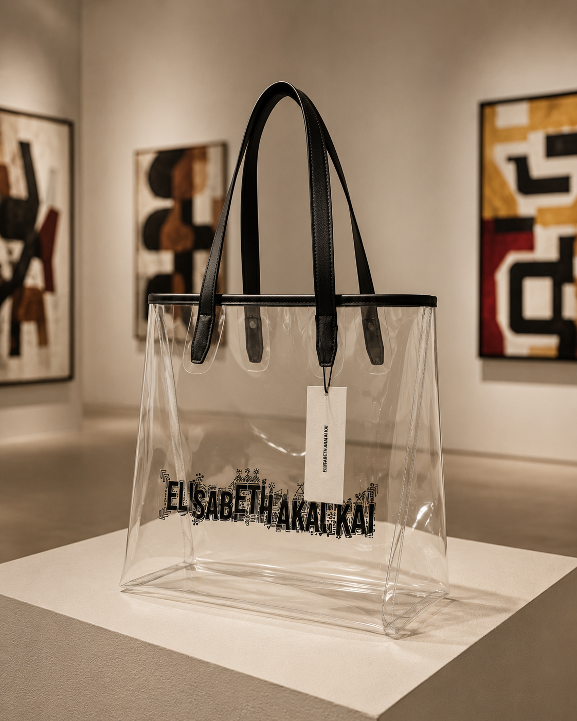 Expose dans une galerie d'art contemporain, le sac cabas transparent Elisabeth Akaia Kai devient une oeuvre de design. Une vision ou la mode dialogue avec la creation artistique africaine.