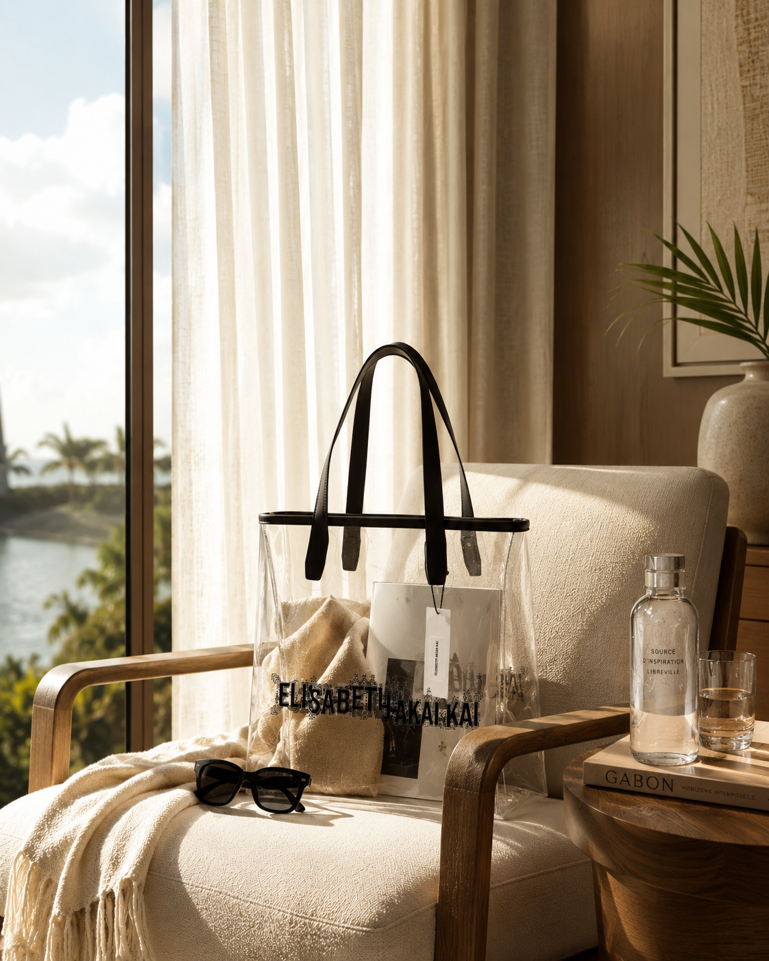 Le sac cabas transparent Elisabeth Akaia Kai s'invite dans une suite de luxe baignee de lumiere naturelle. Une creation haut de gamme inspiree du voyage, du raffinement et de l'art de vivre contemporain.