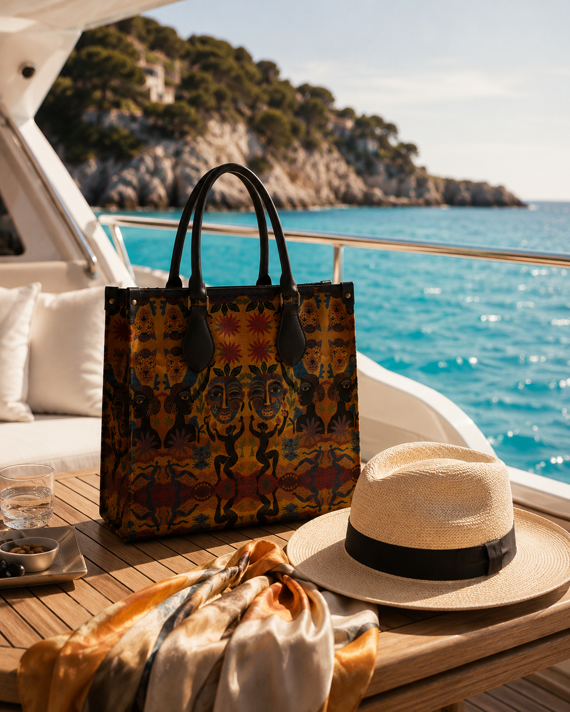 Le sac Nzila se porte au bord de l’eau comme une œuvre à emporter. Un cabas de luxe en cuir imprimé, conçu pour les escapades solaires, les voyages et les instants singuliers.