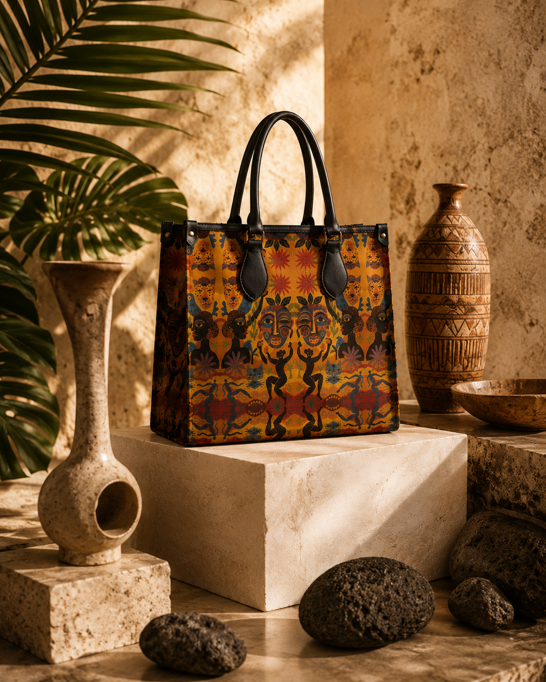 Le sac Nzila est mis en scène dans un décor inspiré des matières brutes et de l’artisanat. Son motif coloré et ses finitions en cuir noir révèlent toute la force de son identité visuelle.