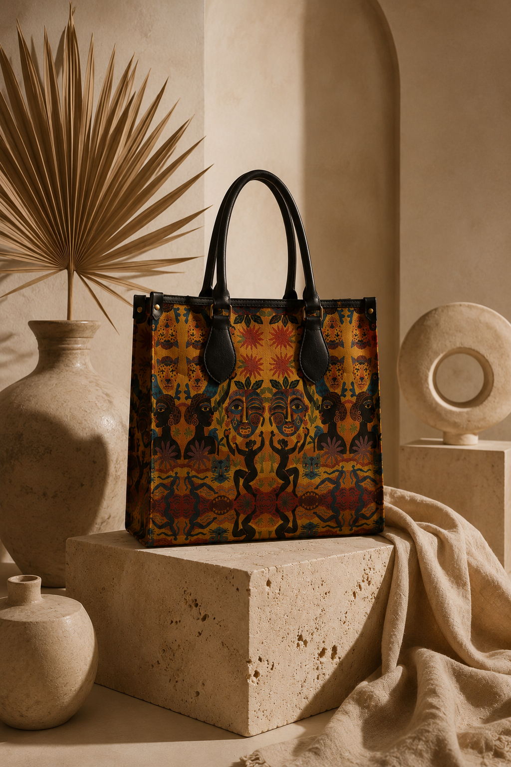 Sac de luxe Nzila posé dans un intérieur chaleureux aux matières naturelles. Son cuir Nappa imprimé et ses finitions noires créent un contraste graphique, audacieux et intemporel.