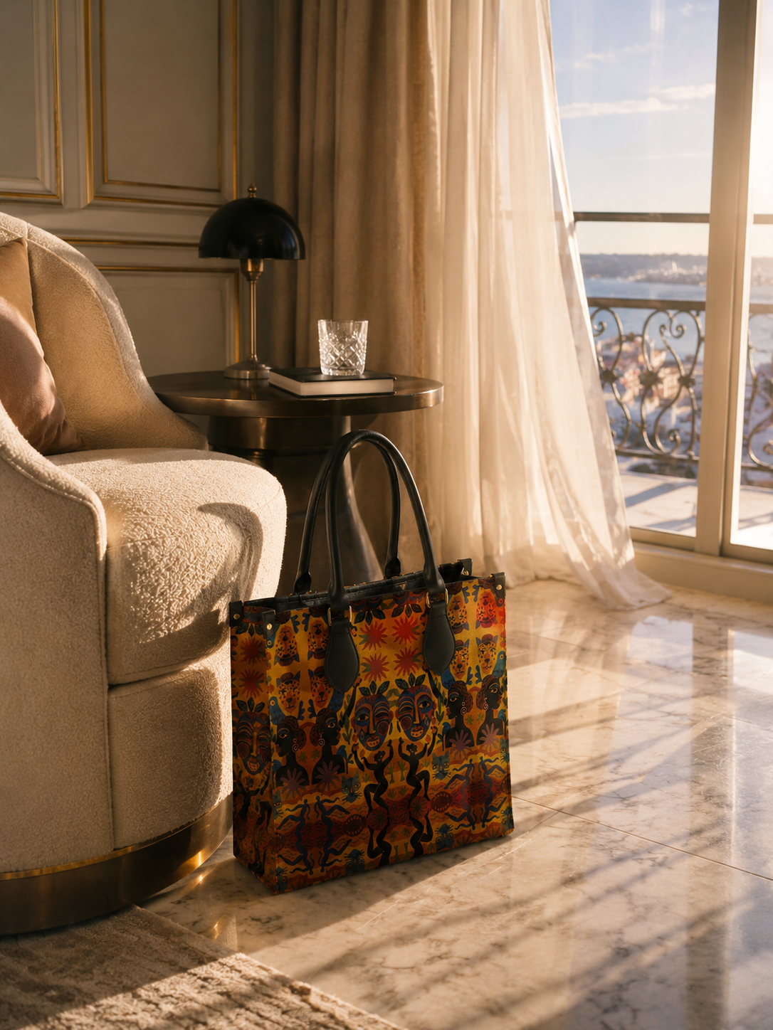 Le sac Nzila en cuir Nappa véritable s’installe dans un intérieur lumineux et contemporain. Son imprimé exclusif apporte une signature artistique forte à chaque silhouette et à chaque espace.