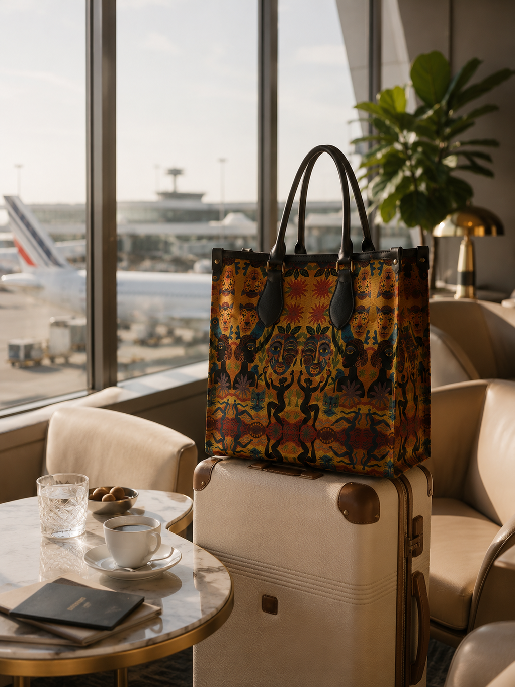 Le sac Nzila révèle son imprimé artistique exclusif dans un univers de décoration haut de gamme. Un sac cabas en cuir Nappa fait main, entre fonctionnalité et expression créative.