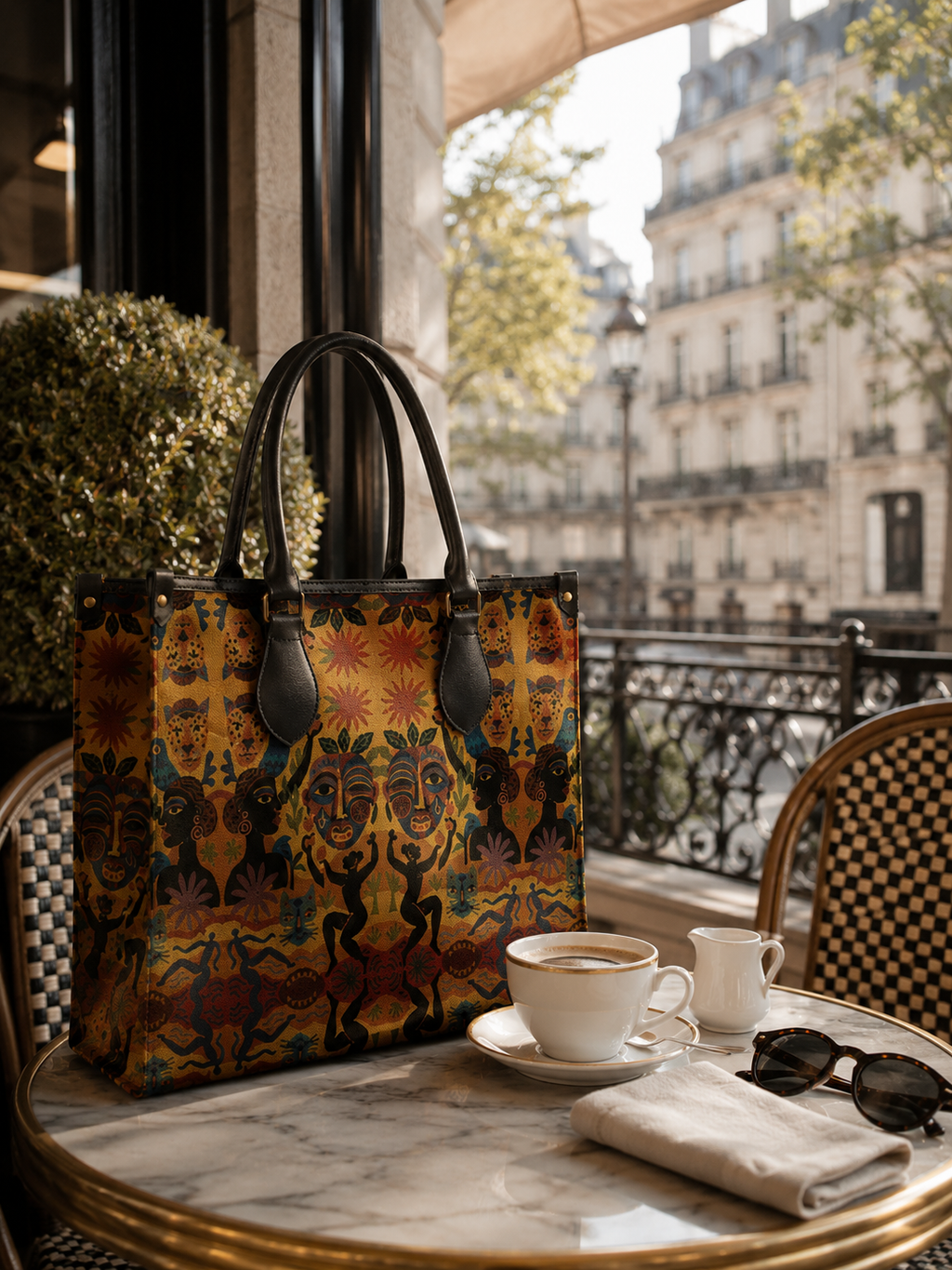 Photographie lifestyle du sac Nzila, cabas de créateur en cuir imprimé, dans un décor urbain élégant. Une pièce de maroquinerie artisanale pensée pour accompagner les journées actives.