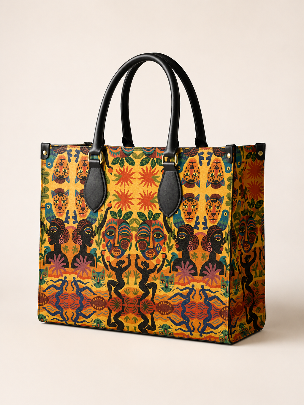 Photographie produit en studio du sac Nzila petit format, en cuir Nappa véritable imprimé. Dimensions : 35 × 28 × 15,5 cm. Une pièce artisanale Élisabeth Akaïa Kaï.