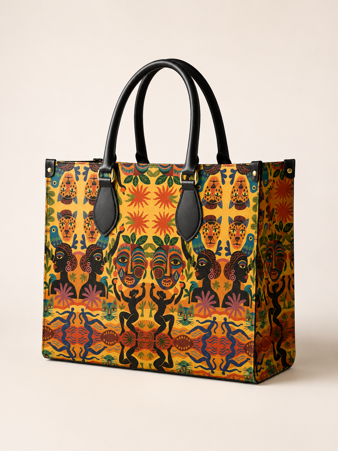 Photographie produit en studio du sac Nzila petit format, en cuir Nappa véritable imprimé. Dimensions : 35 × 28 × 15,5 cm. Une pièce artisanale Élisabeth Akaïa Kaï.