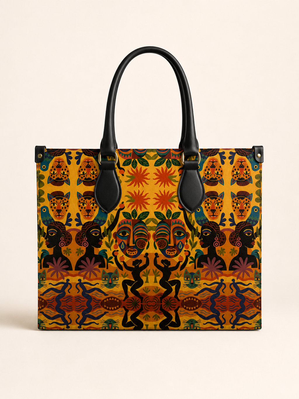Vue de face du sac Nzila, petit format en cuir Nappa imprimé. Son motif artistique exclusif et sa structure raffinée en font une pièce de maroquinerie unique.