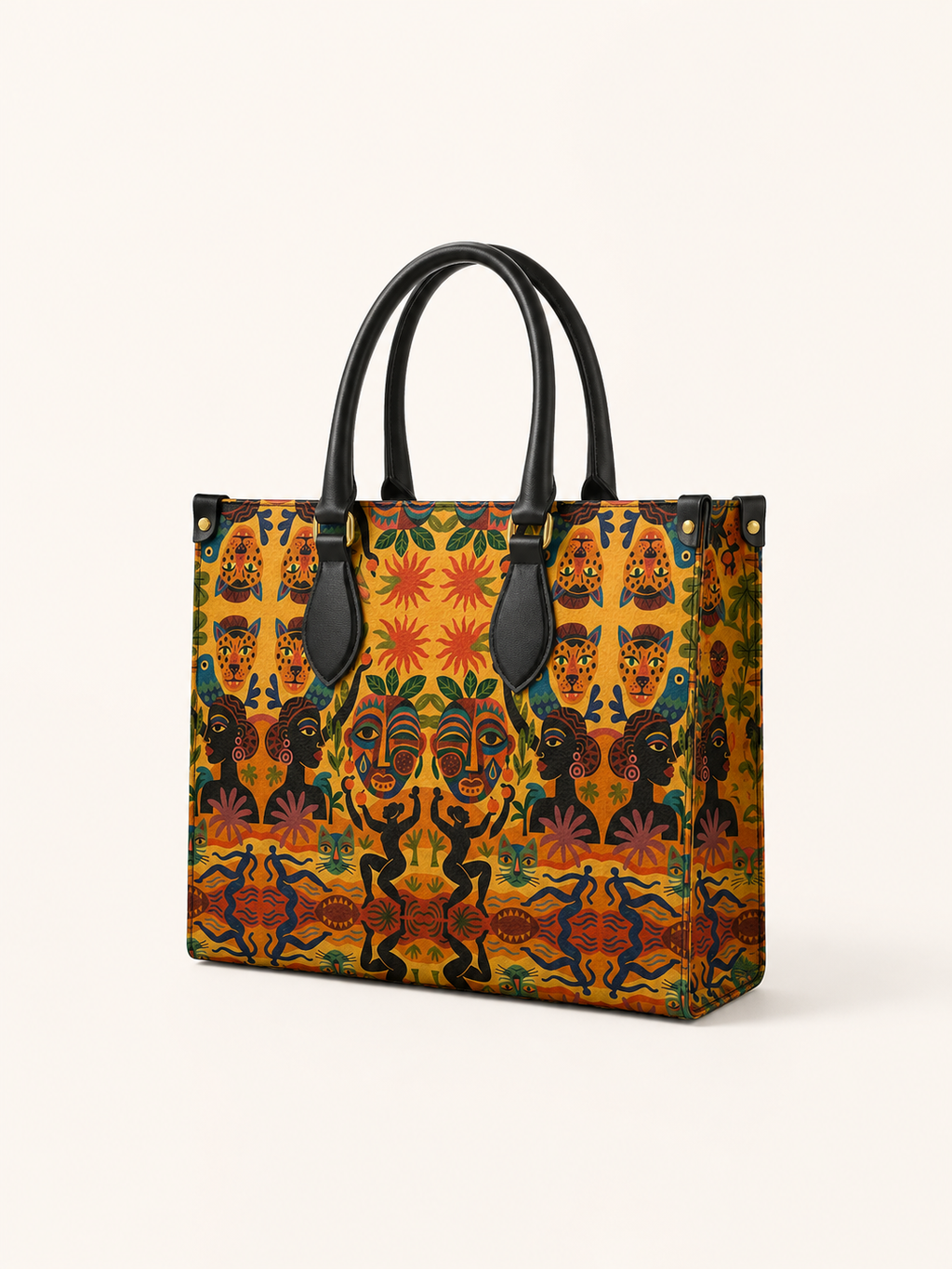 Vue de profil du sac Nzila révélant sa profondeur et sa silhouette structurée. Un sac cabas de créateur en cuir imprimé, idéal pour accompagner les essentiels du quotidien.