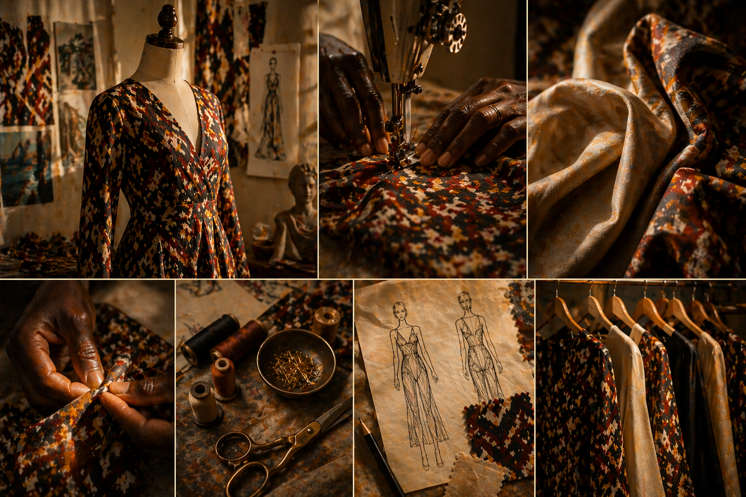 Détails couture, textiles premium et gestes artisanaux révélant le savoir-faire des ateliers partenaires d’Élisabeth Akaïa Kaï et l’exigence des finitions haute facture.