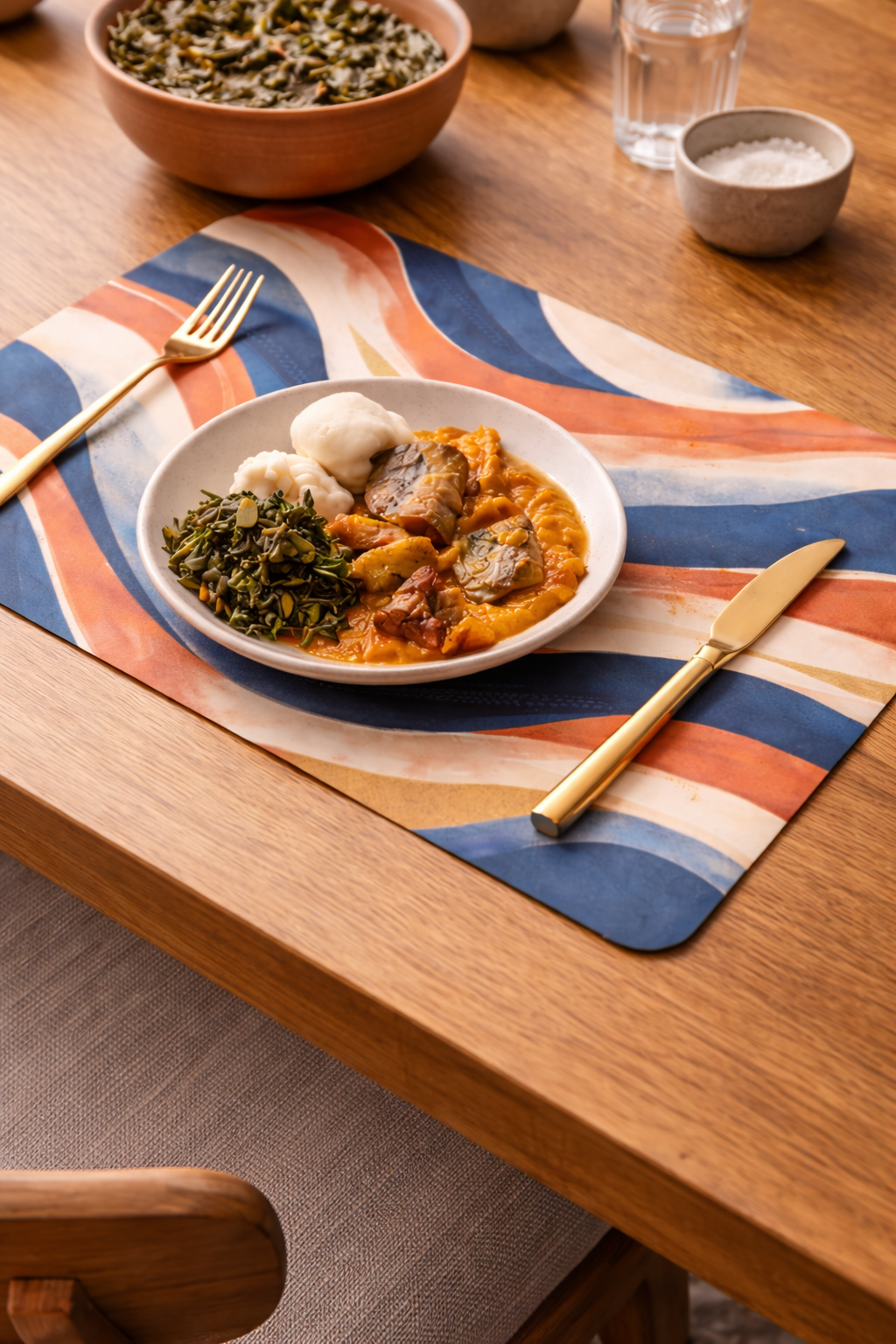 Gros plan sur le set de table Mbeya aux motifs ondulés bleu, terracotta et sable, posé sur une table en bois, mettant en valeur le design artistique afro-luxe et les textures du produit, création Élisabeth Akaïa Kaï.