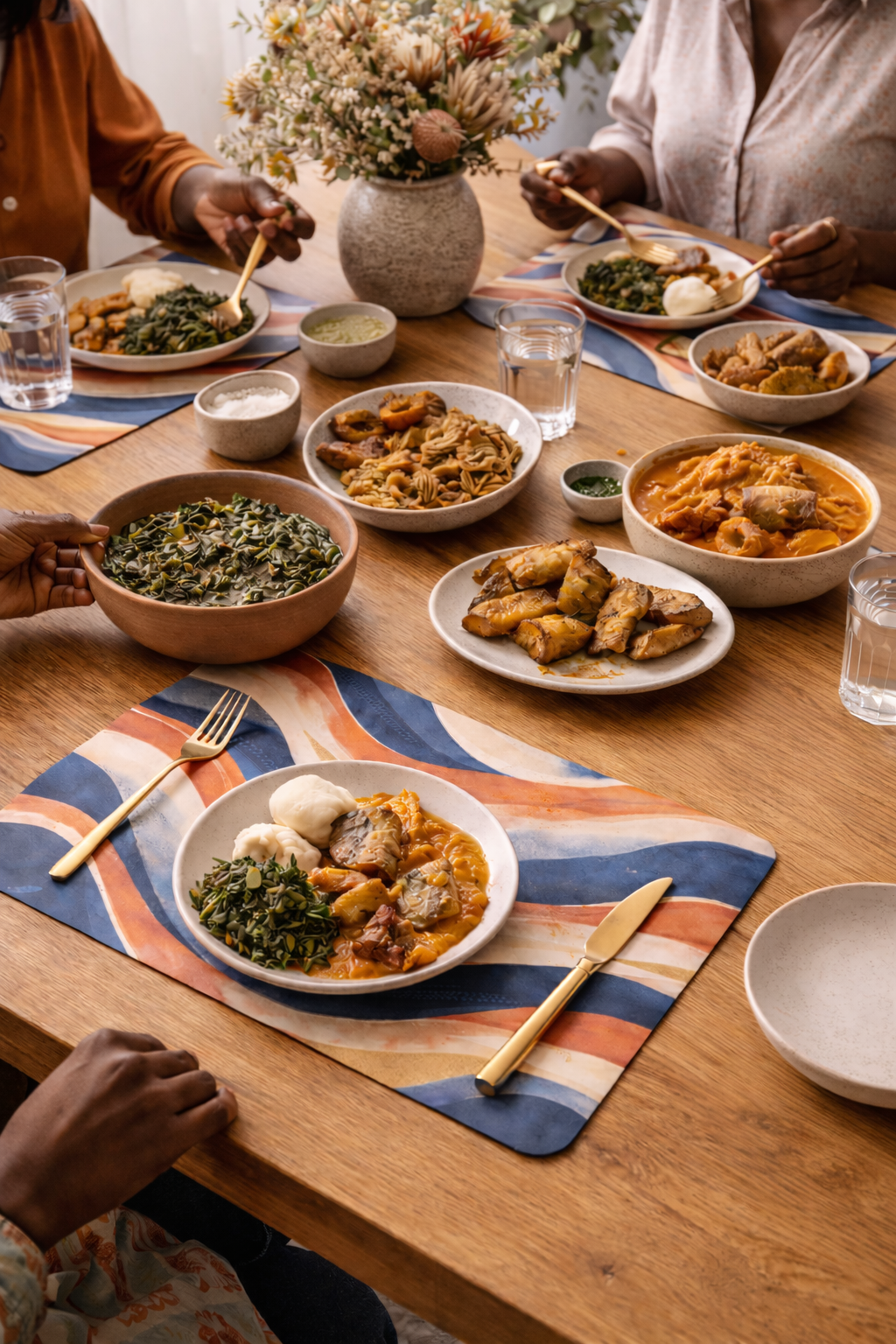 Set de table Mbeya aux motifs ondulés bleu, terracotta et sable, mis en scène sur une table en bois lors d’un repas convivial avec plats traditionnels gabonais, art de la table afro-luxe, création Élisabeth Akaïa Kaï.