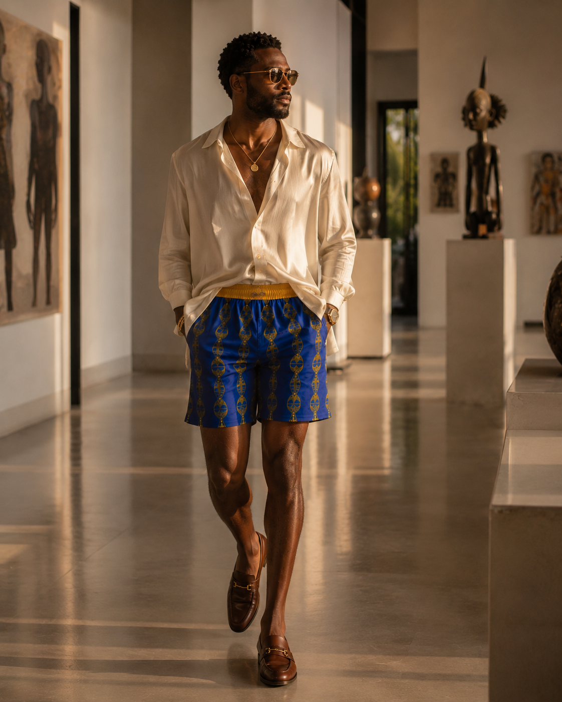 Le short Mebeghe Éternel d'ÉLISABETH AKAIA KAÏ s'inscrit dans un univers artistique raffiné. Associé à une chemise en soie ivoire, il révèle une vision contemporaine du luxe africain inspirée par l'art, l'élégance et le voyage.