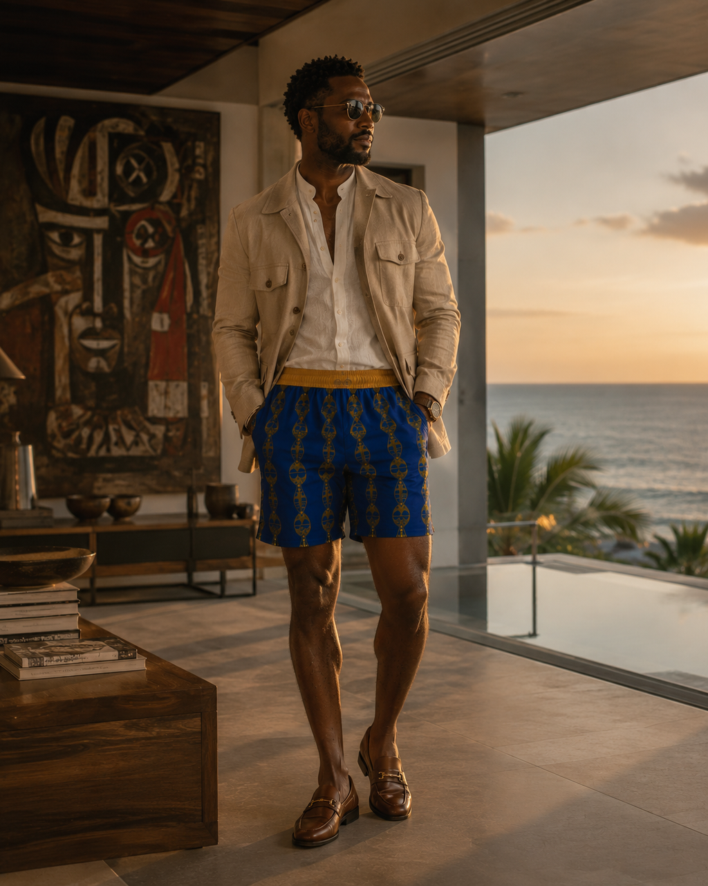 Inspiré des rivages atlantiques, le short Mebeghe Éternel associe motifs hérités des arts africains et sophistication contemporaine dans une silhouette luxueuse et intemporelle.
