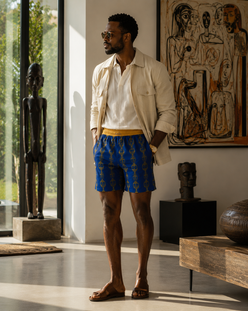 Au cœur d'une résidence de collectionneur, le short Mebeghe Éternel révèle une approche artistique du vestiaire masculin. Une pièce inspirée par le patrimoine culturel africain et le design contemporain.
