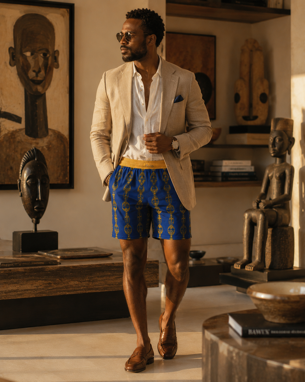 Entre œuvres d'art et architecture contemporaine, le short Mebeghe Éternel affirme une vision singulière du luxe masculin inspirée par la culture africaine et le design d'auteur.