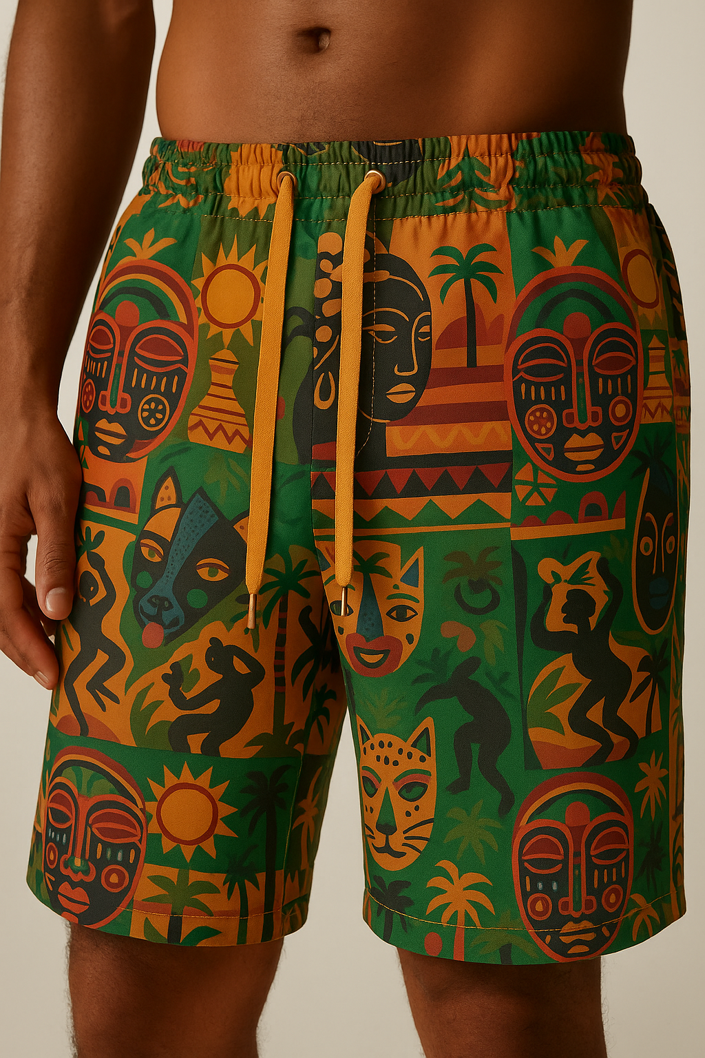Gros plan sur le short à cordon Nzinga, mettant en valeur l’imprimé afro artistique, la coupe mi-cuisse et le cordon de serrage orange doré.