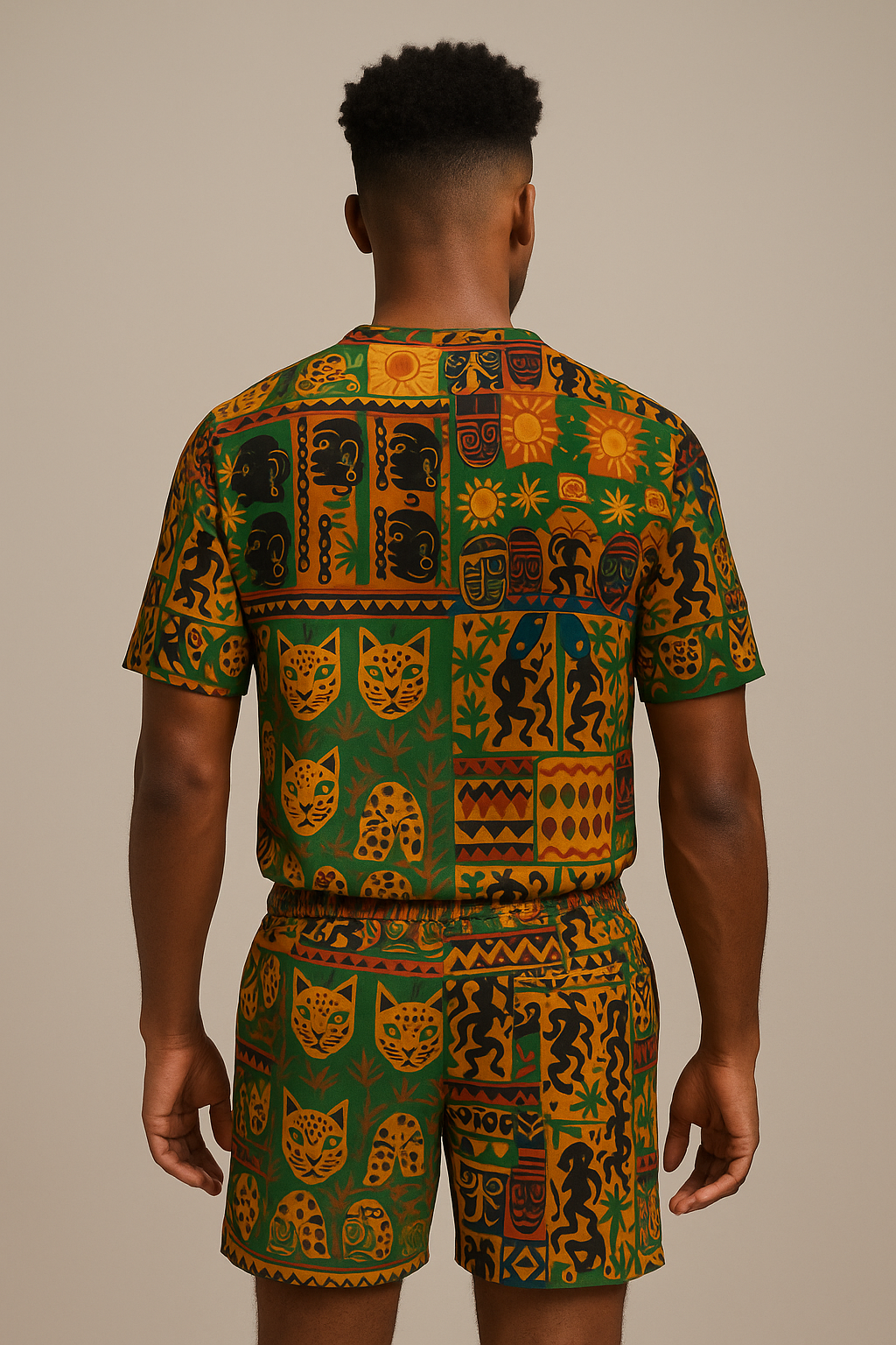 Vue de dos d’un mannequin portant le short Nzinga et la chemise assortie, mettant en avant l’imprimé afro artistique et la coupe soignée.